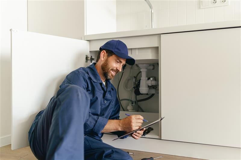 Residential plumber reviewing plumbing repairs in a Parker kitchen